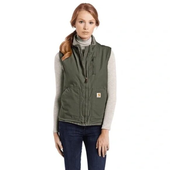 Carhartt Sandstone Washed Duck Sherpa Lined Vest Size Medium Green - Picture 17 of 17